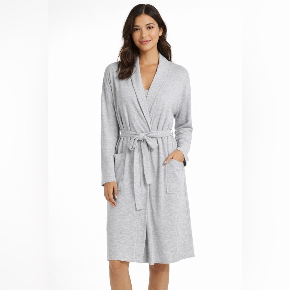 SONOMA Ribbed Waffle Knit Robe S/M Gray Shawl Collar Belt Soft Cozy Loungewear